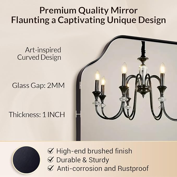 Black Wall Mirror, 24"x36" Black Scalloped Mirror, Unique Curved Edge Design, Anti-Rust SUS304 Frame, Hangs Vertical or Horizontal