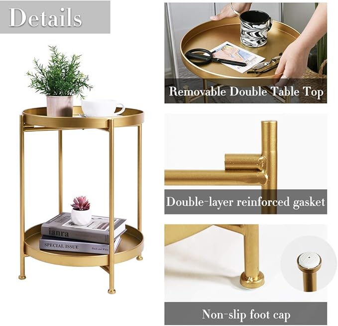 Tiita 2 Pack Round End Table Mental Side Table Nightstand/Small Wood Tables Accent Coffee Table with Wooden Tray for Living Room Bedroom Office Small Space
