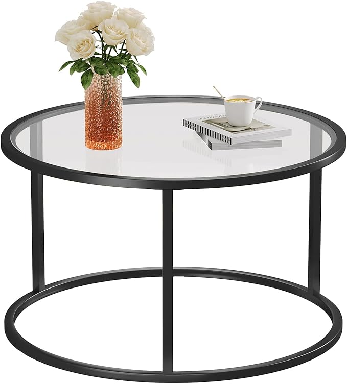 SAYGOER Round Coffee Table Glass Small Coffee Tables for Living Room, 27.6 inch Modern Center Table for Office Apartment, 5 MM Tempered Clear Glass Top, Black Metal Frame