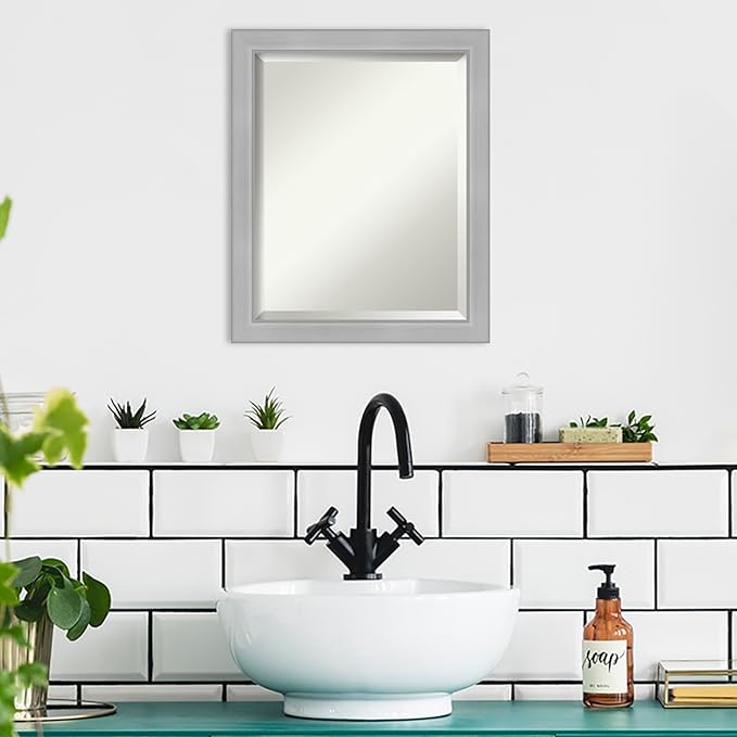 Amanti Art Silver Bathroom Mirror for Over Sink, 23x19 Vista Brushed Nickel Narrow Rectangle Vanity Mirror, Small Casual Frame, Hangs Horizonally and Vertically, Bathroom Wall Decor, Beveled Edge