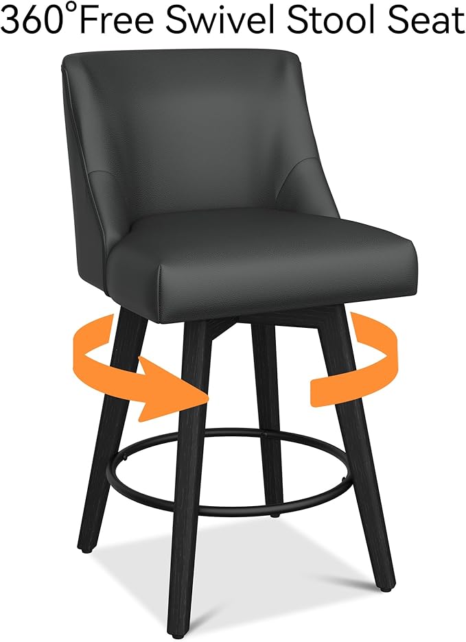 Counter Height Bar Stools Set of 2, Modern Swivel Barstools with Back and Wood Legs, Faux Leather Upholstered Counter Height Stools, 26" H Kitchen Island Stools,Home Bar, Black Grey