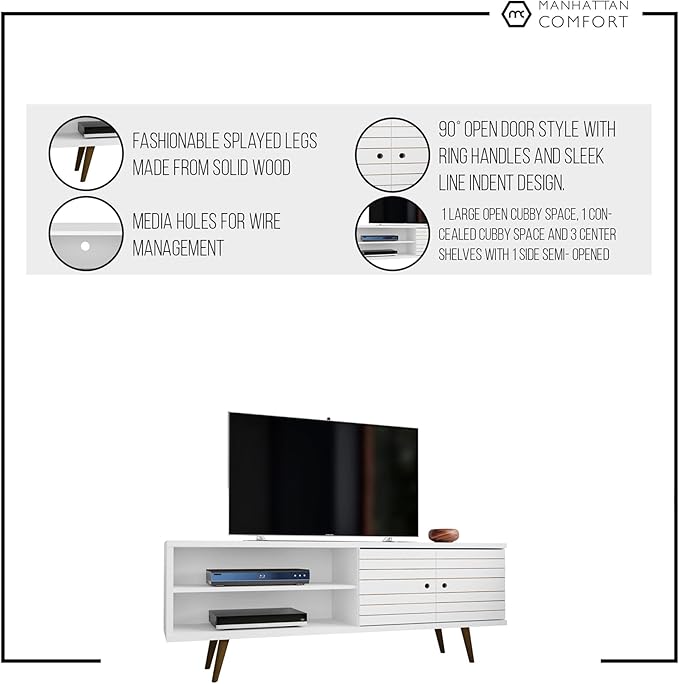 Manhattan Comfort Liberty Mid Century Modern TV Stand for Televisions up to 60 Inches, Bedroom and Living Room Entertainment Center with Storage, Shelves, and Cabinet, 63" Wide, White/Aqua