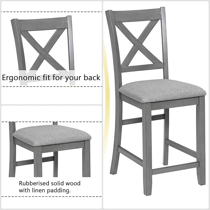 Dining Table Set for 4, Modern 5 Piece Dining Room Table Set with Square Table & 4 X-Shaped Backrest Upholstered Chairs, Counter Height Kitchen Chairs Set for Small Space, Gray