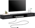 WAMPAT Floating TV Stand Shelf with Power Outlet, Mid Century Modern Wall Mount Shelf for TVs up to 80",Media Console TV Cabinet with 2 Rattan Doors