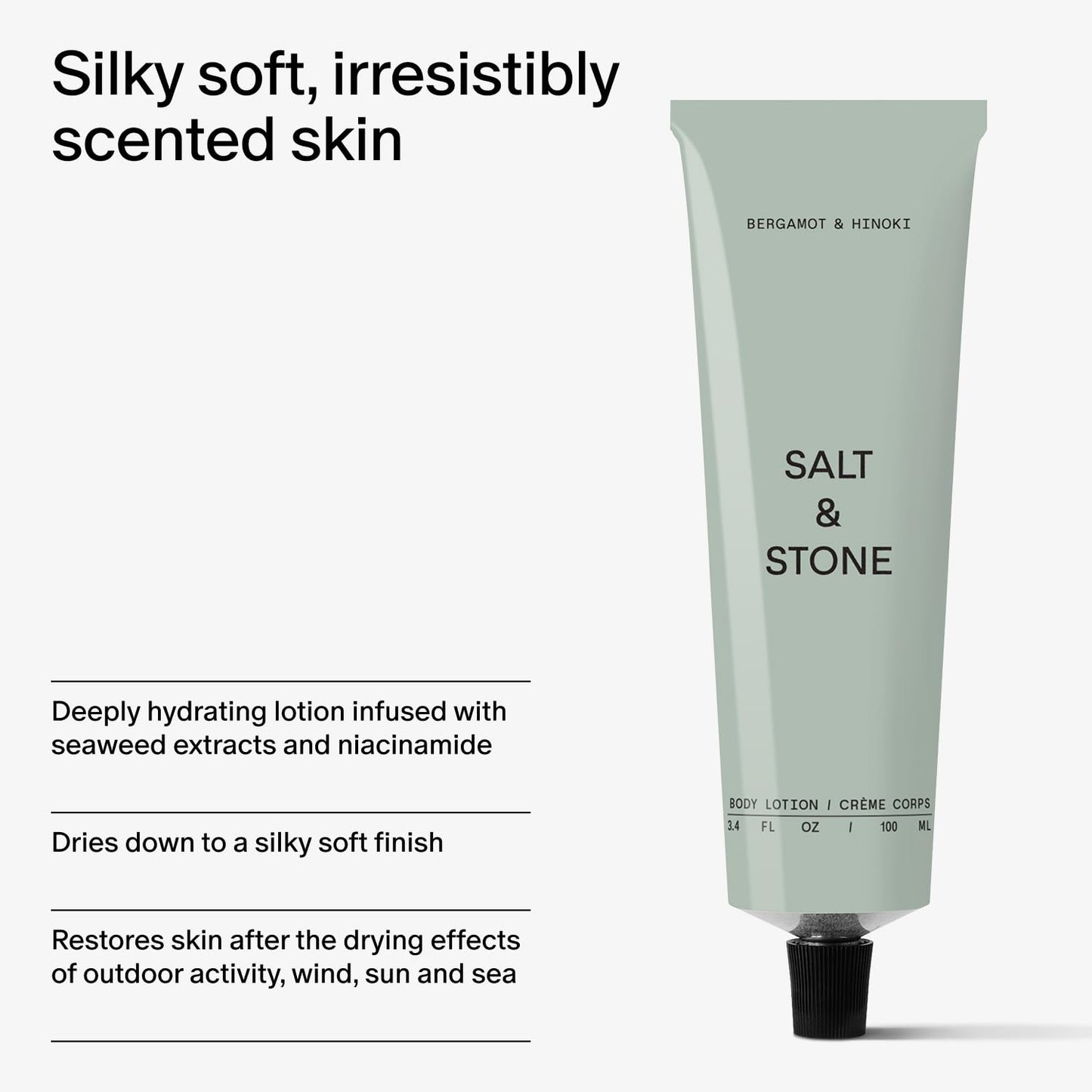Salt & Stone Body Lotion for Women & Men | Hydrates, Nourishes & Softens Skin | Restores Dry Skin | Fast-Absorbing | Cruelty-Free & Vegan (100 ml) (Bergamot & Hinoki)