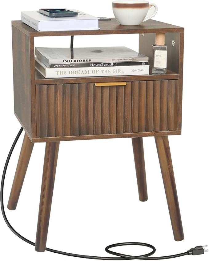Mid Cetury Modern Nightstand with Charging Station, Fluted Bedside Table with Storage, Modern Side End Table with Solid Wood Legs for Bedroom, Dorm and Small Space (Rustic Brown)