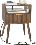 Mid Cetury Modern Nightstand with Charging Station, Fluted Bedside Table with Storage, Modern Side End Table with Solid Wood Legs for Bedroom, Dorm and Small Space (Rustic Brown)