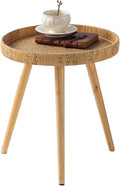Round Rattan Side Table for Small Spaces, Boho Circle End Table Coffee Table with Solid Wood Leg for Living Room, Bedroom, Corners