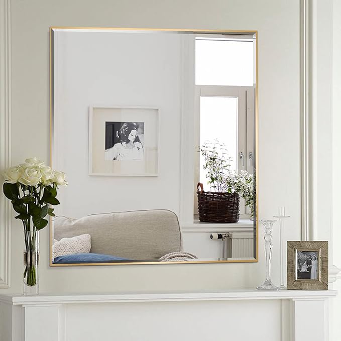 30x36 Inch Gold Mirror with Beveled Trim, Aluminum Frame Bathroom Vanity Mirror, Copper-Free Mirror, Rectangle Wall Mounted Mirror, Modern Rectangular Mirror Horizontal or Vertical
