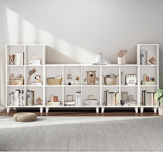 IOTXY Open Cube Low Bookcase - 3-Tier Freestanding Storage Display Cabinet Organizer with Legs for Home Office, 7-Cubes Open Shelf Short Bookshelf, White