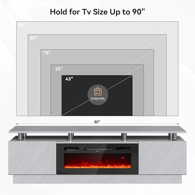 80" TV Stand & Entertainment Center, Media Console with Storage Cabinet, Fits TVs up to 90", Modern Living Room Furniture, 36" Electric Fireplace (Grey+Black)