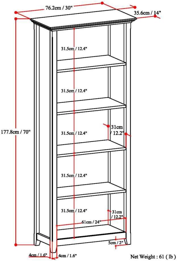 SIMPLIHOME Amherst Bookcase - 70 inch Tall 5-Shelf Solid Wood Bookshelf in Rustic Natural Aged Brown, Transitional Storage for Living Room, Study or Office with Adjustable Shelves and Tapered Legs