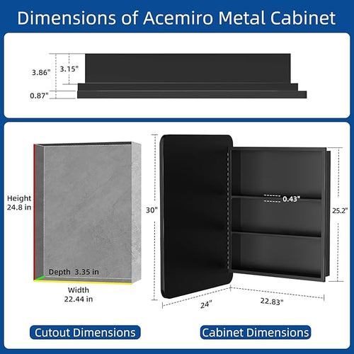 24x30 Inch Bathroom Medicine Cabinet with Mirror Black Metal Framed Farmhouse Recessed or Surface Wall Mounted Black Medicine Cabinets for Bathroom
