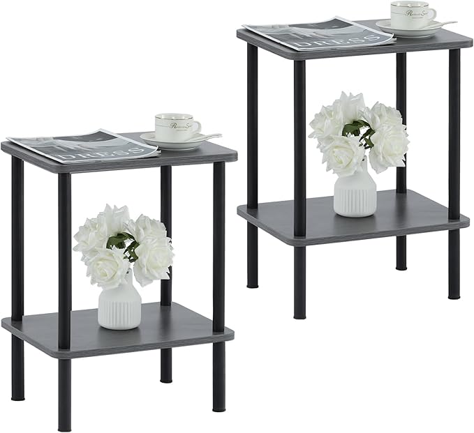 Apicizon 2 Tier End Table Set of 2, Boho Side Table with Storage Shelf, Nightstand Bedside Table for Small Spaces, Bedroom, Living Room, Entryway, Farmhouse, Easy Assembly, Grey
