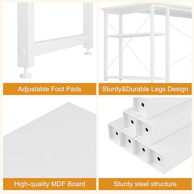 L Shaped Computer Desk with Reversible Shelves, 40 Inch Small Corner Desk with Storage Bag, Gaming Desk Computer Table Study Writing Desk for Home Office Small Space, White