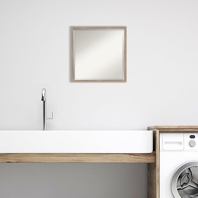Amanti Art White Bathroom Mirror for Over Sink, 21x21 Hardwood Wedge White Wash Square Vanity Mirror, Medium Country Rustic Wood Frame, Hangs Horizonally and Vertically, Bathroom Wall Decor, Beveled