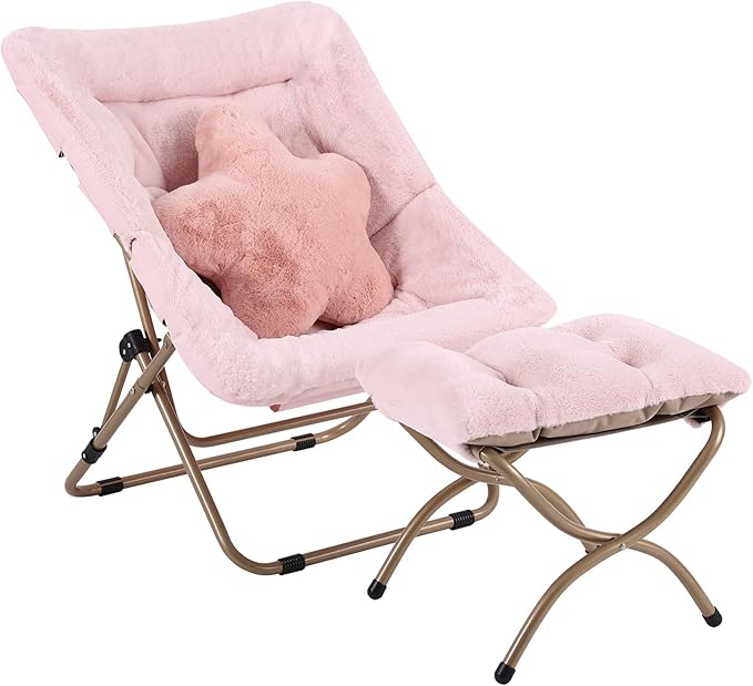 Welnow Comfy Saucer Chair with Ottoman, Oversized Folding Reading Chair for Adults with Throw Pillow Soft Faux Fur Lounge Chair for Bedroom Furry Accent Chair for Living Room, Dorm Rooms, Pink
