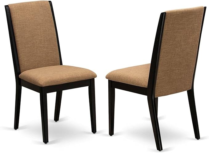 East West Furniture ANLA5-ABK-47 5 Piece Modern Dining Table Set Includes a Round Kitchen Table with Pedestal and 4 Light Sable Linen Fabric Upholstered Chairs, 36x36 Inch, Wirebrushed Black