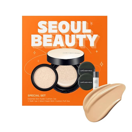 JUNG SAEM MOOL Essential Skin Nuder Cushion | Natural Finish, Buildable Coverage Cushion Foundation by Korean Makeup Artist (Refill Included, SPF 50 | Gift Set with Mool Cream & Puff), 23 Medium Deep