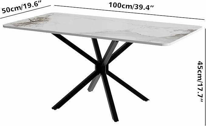 White Marble Coffee Table Modern Rectangular 40 Inch Living Room Table with Black Metal Legs Simple Stylish Center Table for Living Room Office