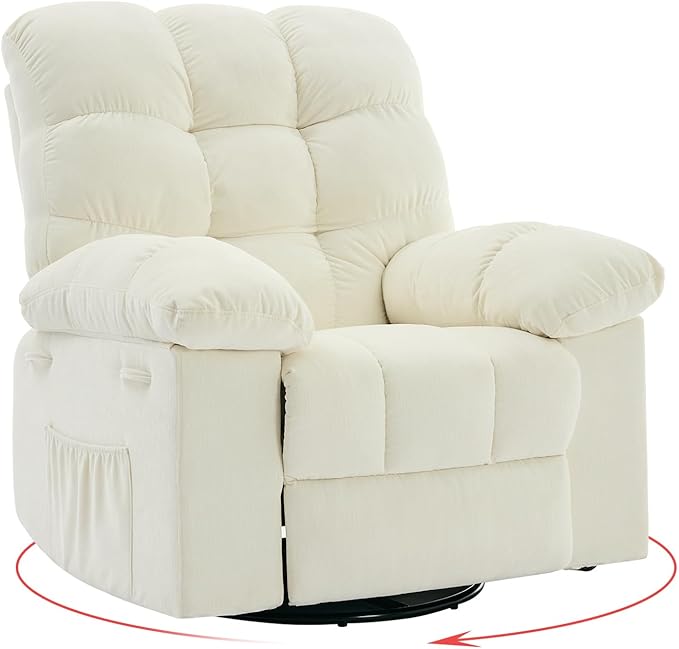Rocking Recliner Chair,360° Swivel Rocker Chair for Living Room,Upholstered Fabric Glider Nursery Chair with Side Pockets for Small Spaces,Q235 Steel Frame Lazy Boy Recliner Single Sofa(Beige)