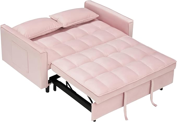Ball & Cast Convertible Sofa Bed,Loveseat Sleeper Sofa W/Pull-Out Bed&2 Pillows,Convertible Pull Out Couch W/Adjustable Backrest&Side Pocket,Velvet Futon Couches for Living Room,Apartment,Pink,55"