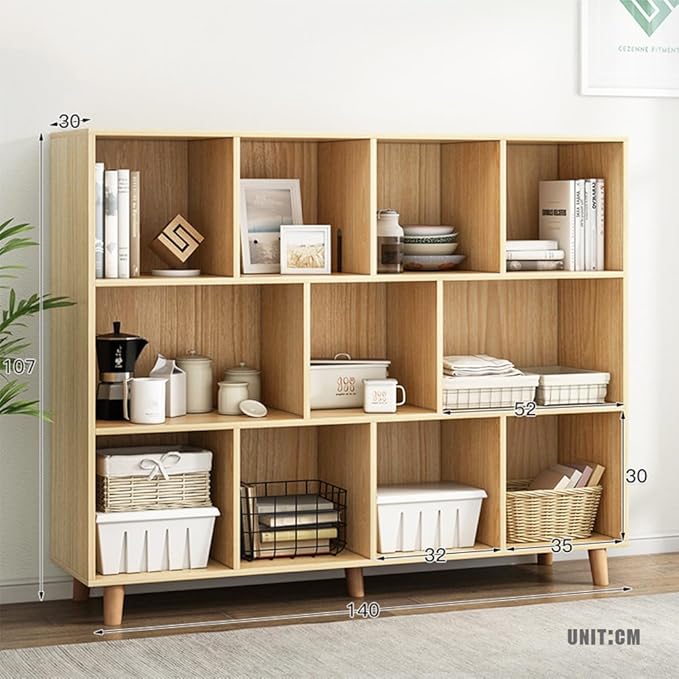 IOTXY Open Cube Low Bookcase - 3-Tier Freestanding Storage Display Cabinet Organizer with Legs for Home Office, 11-Cubes Open Shelf Short Bookshelf, Oak