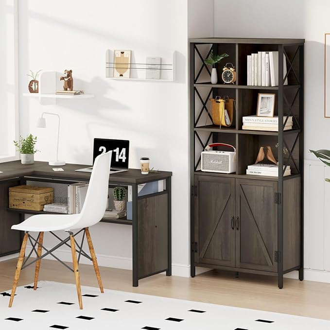 FATORRI Industrial Tall Bookshelf, Rustic Bookcase with Doors, 6 Cube Storage Organizer with Shelf for Living Room, Wood and Metal Book Shelf for Home Office (Walnut Brown)