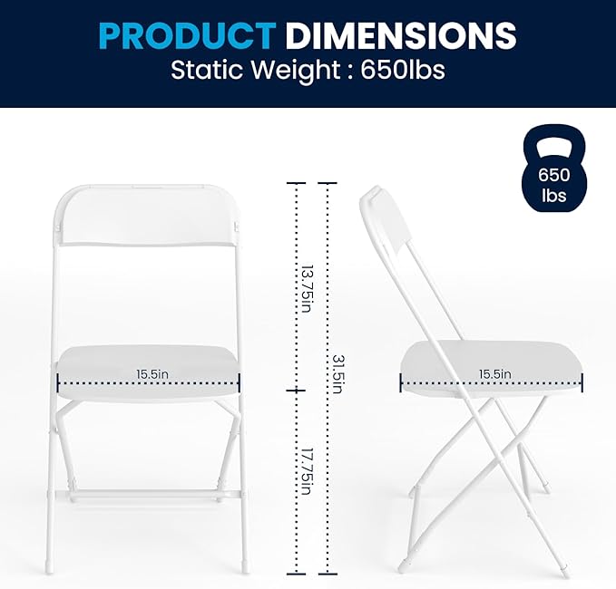 Flash Furniture Hercules Series Plastic Folding Chair - White - 650LB Weight Capacity Comfortable Event Chair - Lightweight Folding Chair