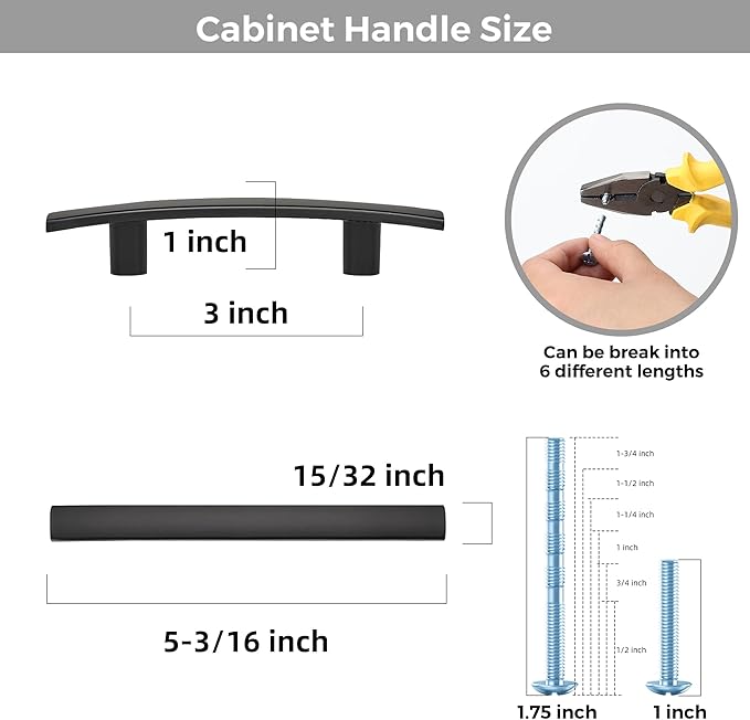 5 Pack Cabinet Handles 3" Hole Center - Curved Cabinet Pulls Black Drawer Pulls for Kitchen Cupboard Solid Hardware for Dresser Drawer Arch Hardware