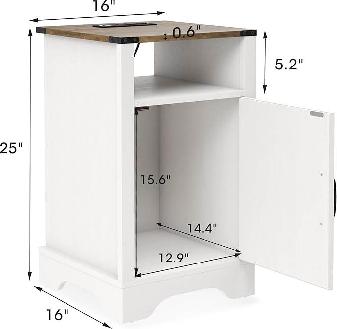RoyalCraft Set of 1 Farmhouse Nightstand, White End Table with Charging Station, Tall Bedside Table with Large Storage Room and Shelf, Wooden Rustic Nightstand for Bedroom, Home Office