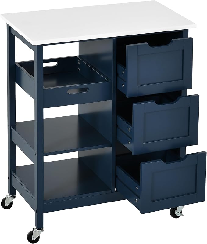 YITAHOME Small Solid Wood Top Kitchen Island Cart on Wheels with Storage, Rolling Portable Dining Room Serving Utility Carts Mobile Movable with 3 Drawers Cabinet, Navy Blue