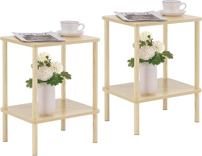 Apicizon 2 Tier End Table Set of 2, Small Side Table with Solid Wood Legs, Boho Bedside Table with Storage Shelf, Nightstand for Small Spaces, Bedroom, Living Room, Entryway, Light Natural