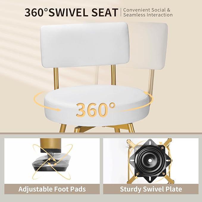 Gold White Bar Stools Set of 2, Modern Counter Height Bar Stools, 25" Upholstered Swivel Round Barstools with Back Bar Chair Island Stool for Kitchen Counter, White Gold
