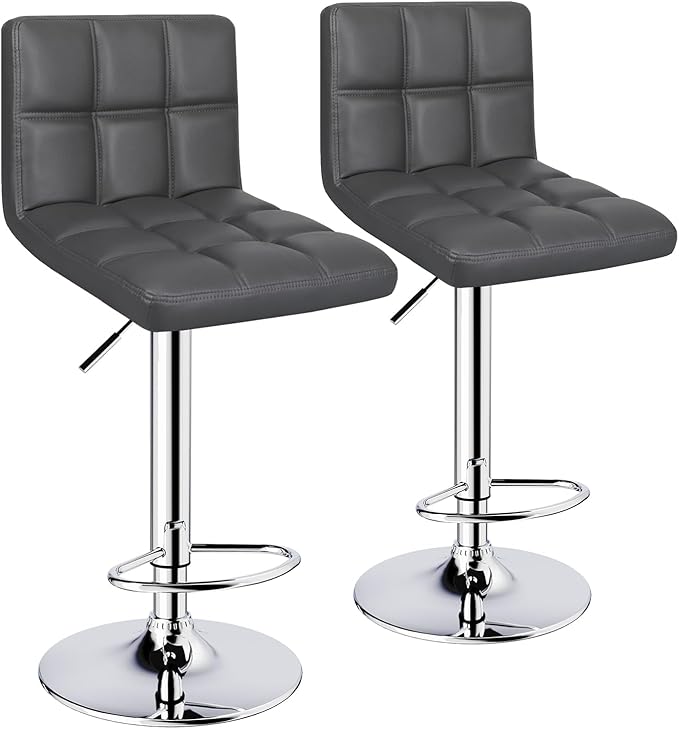 Bar Stools Set of 2, Armless Adjustable Swivel Barstools with Back, Double Needle PU Leather Counter Height Bar Stools for Kitchen Island, Grey