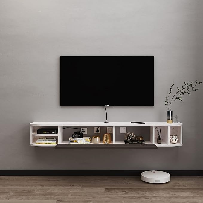 Pmnianhua Floating TV Stand,63'' Under TV Shelf,Modern Floating TV Console,Wall Mounted TV Cabinet,Floating Entertainment Center with Storage for Bedroom Living Room(Gray-White)