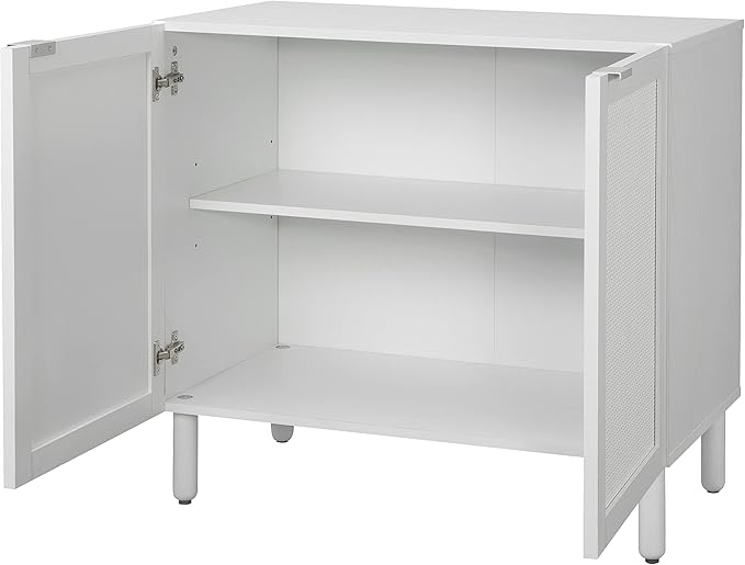Sango Orre 2-Door Cabinet, Modern White Storage Cabinet with Synthetic Rattan Door Panels, Adjustable Shelf, Cylindrical Wood Legs, Discreet Finger Pulls, Elegant Furniture for Office or Living Room