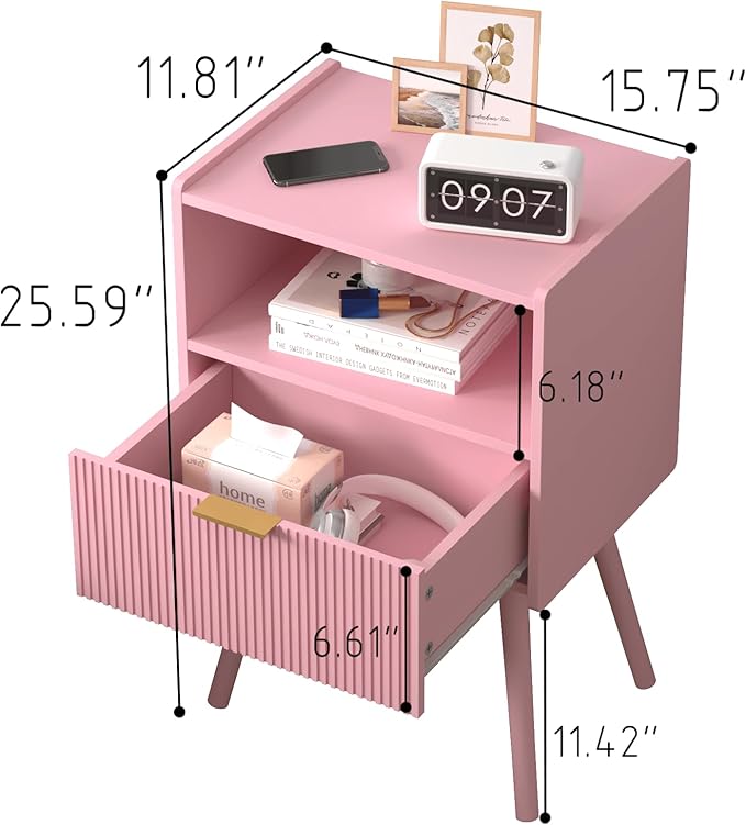 Nightstand,Modern Bedside Table with Storage Drawer and Open Wood Shelf, for Living Room, Bedroom and Small Spaces, Accent Night Stand with Solid Wood Legs, Easy Assembly,Classic Pink