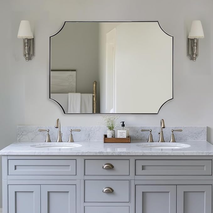 ANDY STAR 30x40 Inch Chrome Mirror, Scalloped Bathroom Mirror, Polished Chrome Framed Mirror in Anti-Rust Stainless Steel Metal Thin Frame Deep 1’’, Large Wall-Mounted Mirror (Horizontal/Vertical)