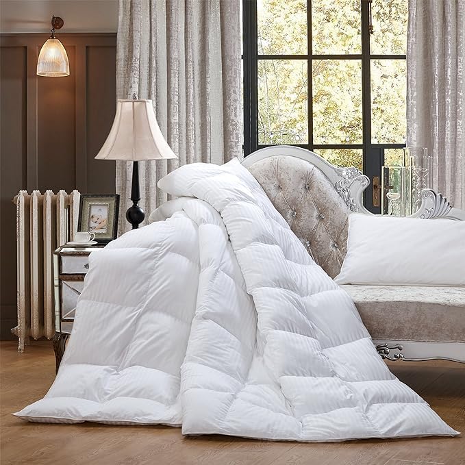 Luxurious All-Season Goose Down Comforter Duvet Insert, Exquisite Oversized California King White Stripe Design, 108" X 98 ", 100% Cotton Down Proof Fabric, 65 oz. Fill Weight