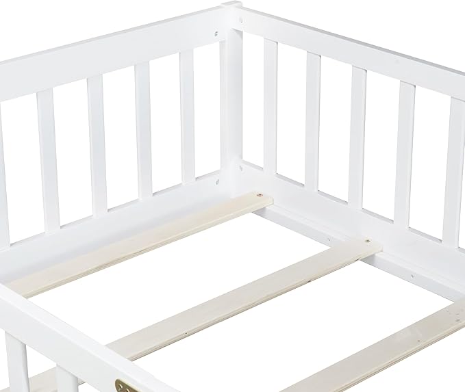 Twin Floor Bed Frame with Slats and Safety Guardrail, Wood Twin Size Montessori Floor Bed with Door and Fence, Easy Assemble Montessori Beds for Kids, Girls, Boys, White