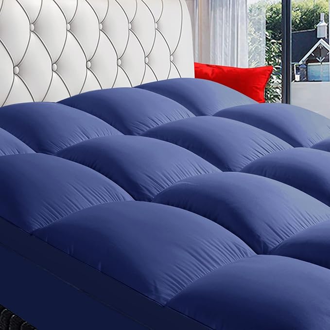 COONP Full Mattress Topper, Extra Thick Pillowtop, Cooling Plush Mattress Pad Cover Bed Topper Protector with 8-21 Inch Deep Pocket (Navy Blue, Full)