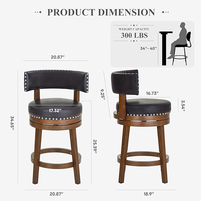 COLAMY Swivel Bar Stool, Modern Swivel Barstool with Back, Counter Height Bar Stools, 25 Inch Upholstered Wood Barstool for Kitchen Island Dining Room Bar, Dark Brown