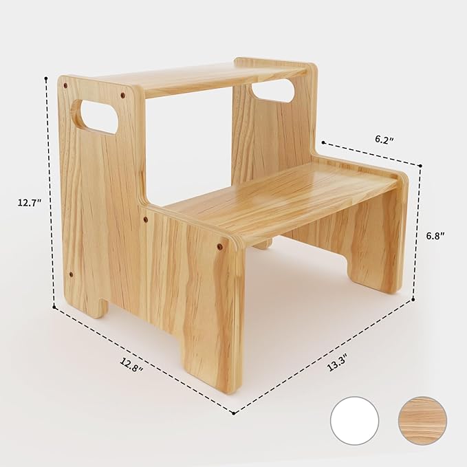 Wooden Step Stool,Two Step Stool for Kids,Toddler Montessori Stool Supports 300 lbs Kids Toddler Stepping Stool for Bathroom Sink/Toilet/Kitchen/Bed,Natural