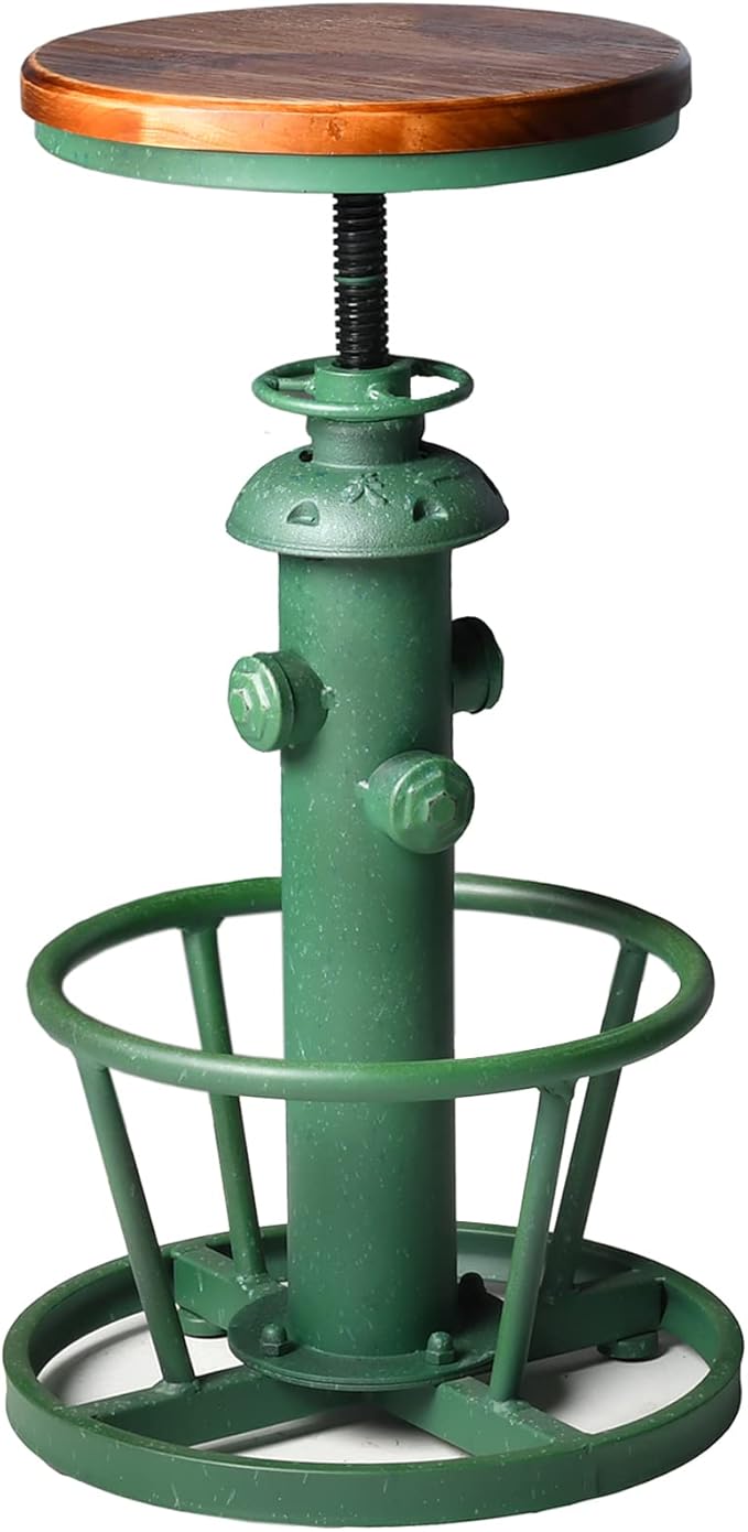 Topower Antique Industrial Round Bottom Adjustable Height Cafe Coffee Retro Vintage Stylish Water Pipe Design Pub Kitchen Bar Stool (Antique Green, Wooden Top)
