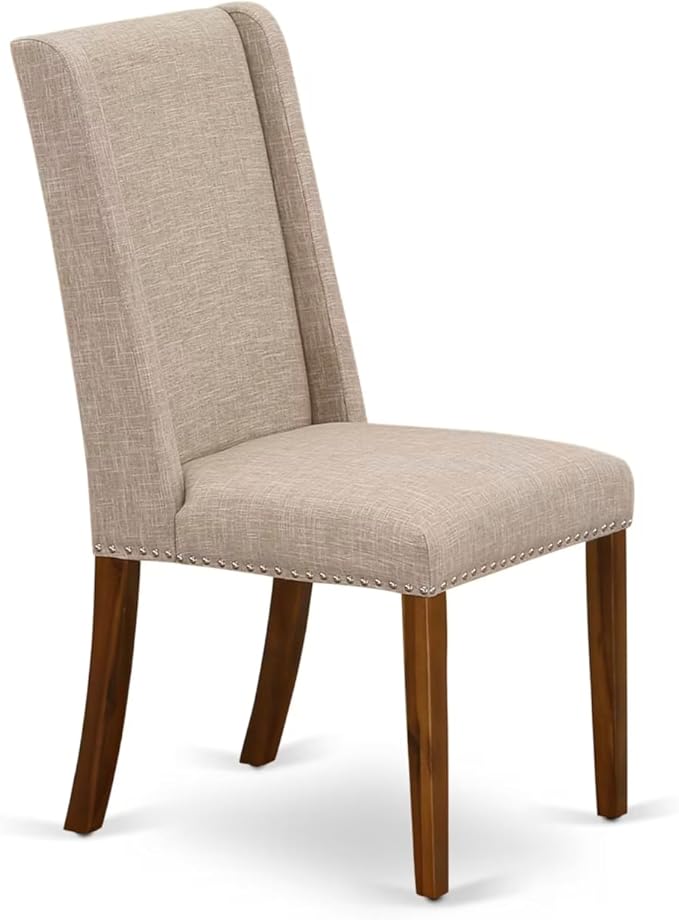 NKFL7-AWA-04-7-Piece Dining Table Set Consists of a Breakfast Table and 6 Light Tan Linen Fabric Dining Chairs with Padded Chair Back - Antique Walnut Finish.