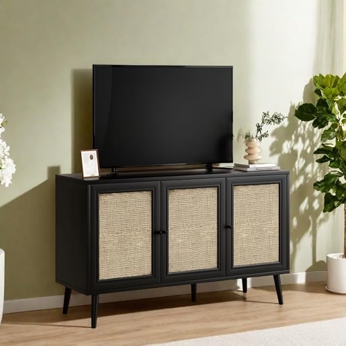 Rattan Entryway Table, Entertainment Center with Adjustable Shelf, Sideboard Buffet Cabinet with 3 Rattan Doors, Modern Console Cabinet with Large Storage for Living Room, Kitchen, Black
