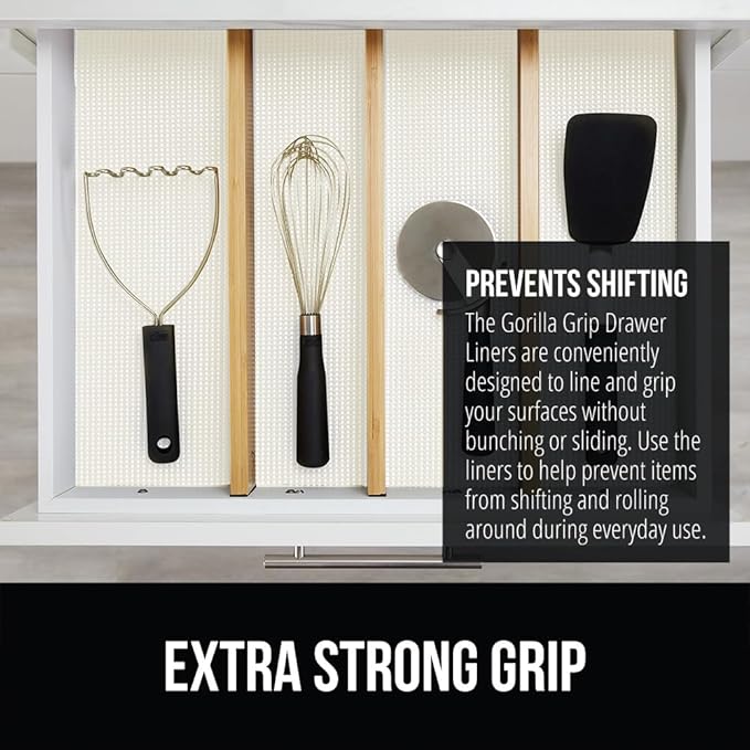 GORILLA GRIP powerGRIP Drawer Shelf and Cabinet Liner, Thick Strong Hold, Non-Adhesive Liners Protect Kitchen Cabinets and Cupboard, Bathroom Drawers, Easy Install, Breathable Mat, 12" x20' Snow White