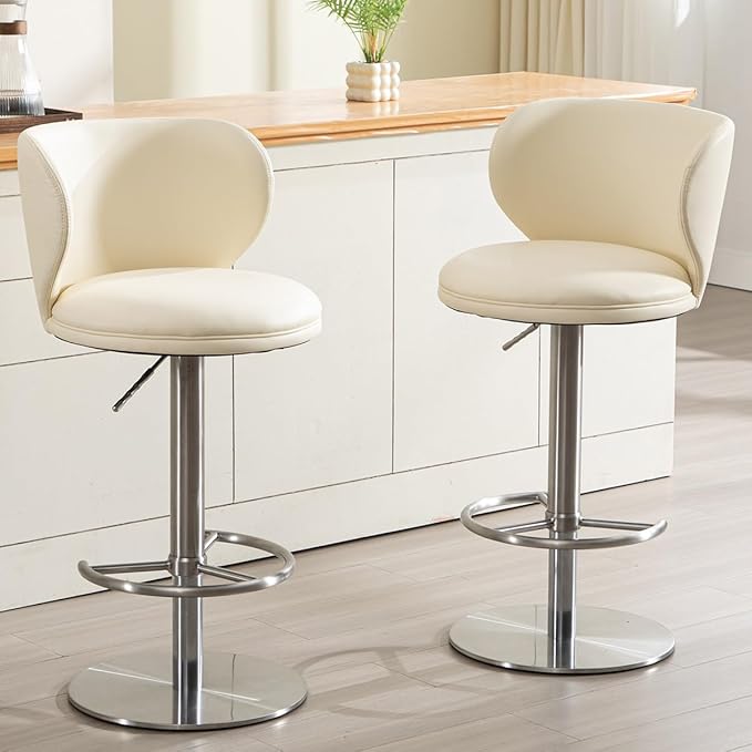 Black Titanium Stainless Steel Bar Stools,Grade Modern Leather Bar Chair with Backrest,Swivel Adjustable Height for Kitchen Counter and Dining Room (White Leather-2pcs)