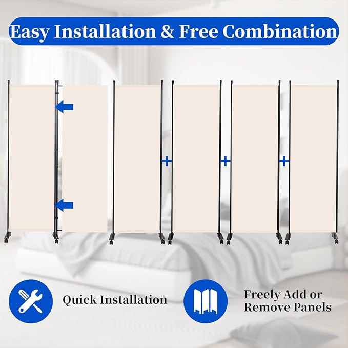 Room Divider 6FT Room Partition with Lockable Wheels, 6 Panel (Thicked Metal Base) Room Dividers, Freestanding Indoor Folding Privacy Screens, Portable Fabric Wall Divider for Room Separation, Beige